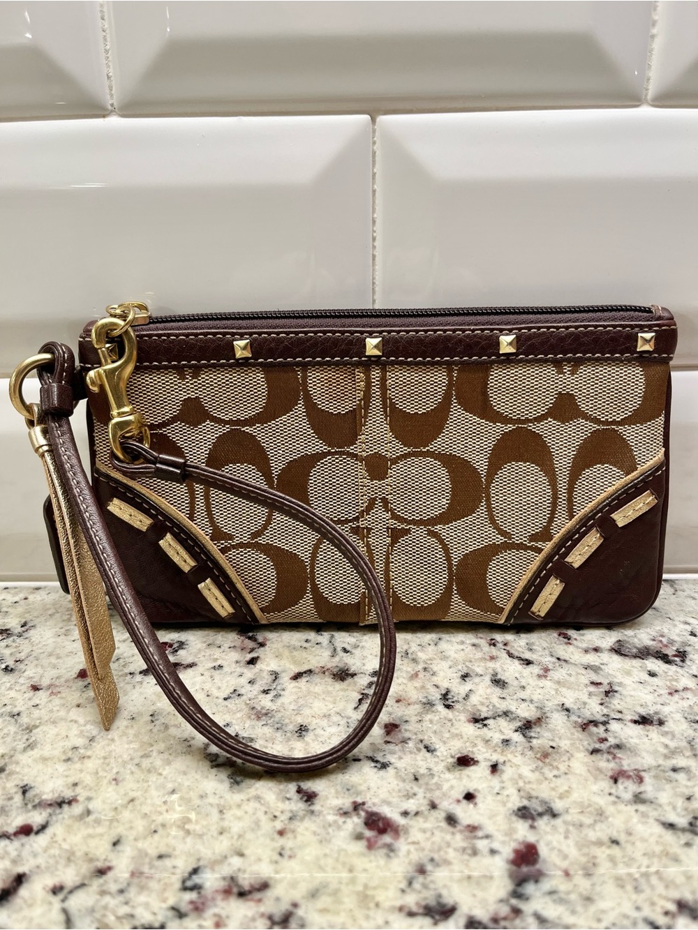 Coach Vintage Signature Canvas Brown Embellished Wristlet Clutch EUC